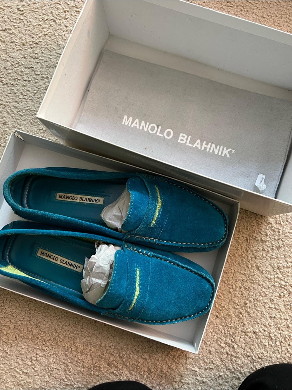 Manolo Blahnik Teal Suede Penny Loafers for Men